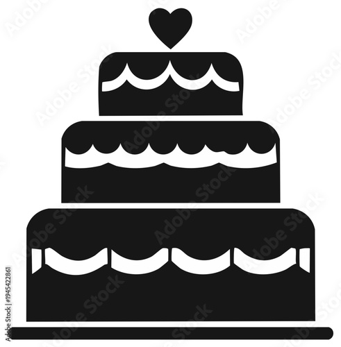 Elegant three tier wedding cake with heart topper black silhouette icon on white background  celebrating love