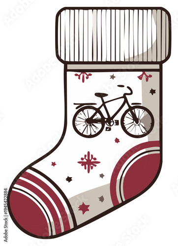 Christmas stocking with bicycle graphic and decorative pattern