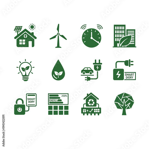 Green icons for sustainable living and smart home technology with solar power with wind turbine with electric car with renewable energy with eco friendly