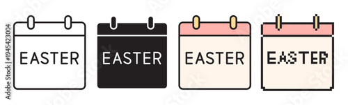 Easter calendar icon set: linear editable stroke, solid, flat color, and pixel styles. Vector symbols for spring holiday celebration. Professional minimalist event planning design.