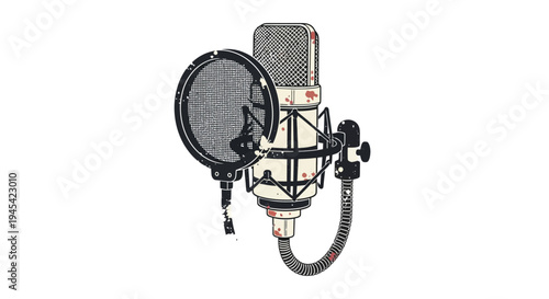 Vintage microphone with pop filter, isolated on white background