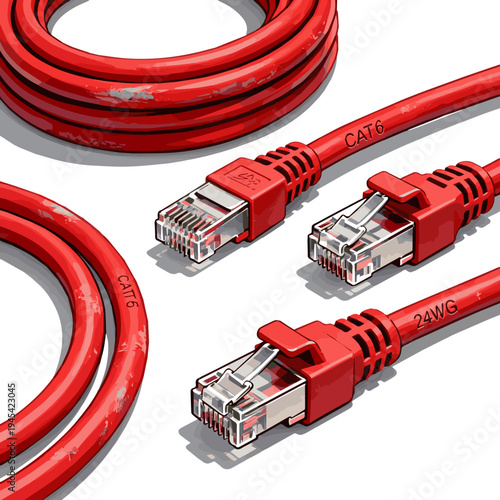 Create a realistic kinds of deferent Red RJ45 Ethernet Cables vector art with white background.