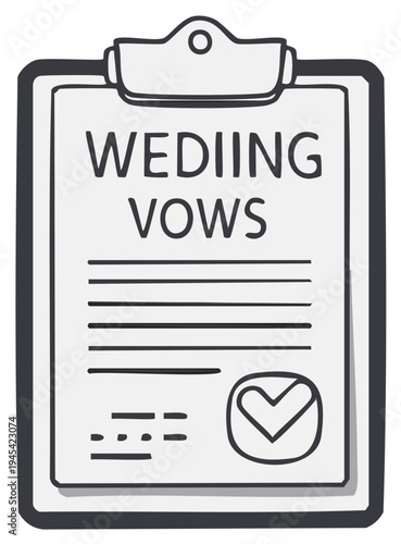 Hand-drawn wedding vows document on a clipboard with a heart seal