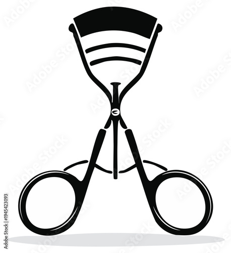 Eyelash curler tool drawing, black silhouette for beauty and personal care promotion. Simple illustration in clean vector style with rounded shapes.