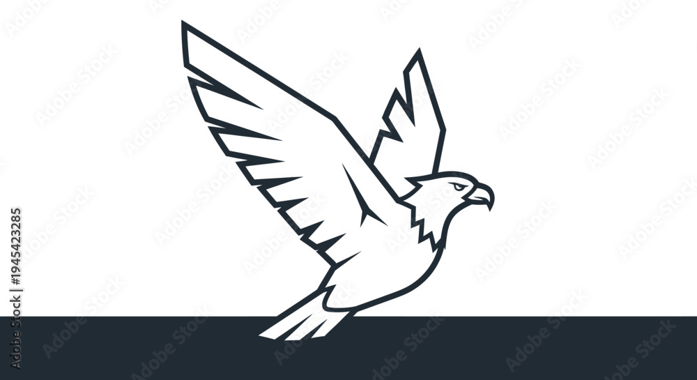 Fototapeta premium Stylized majestic flying eagle line art illustration. Minimalist graphic design of a powerful bird with wings spread, symbolizing freedom and strength.