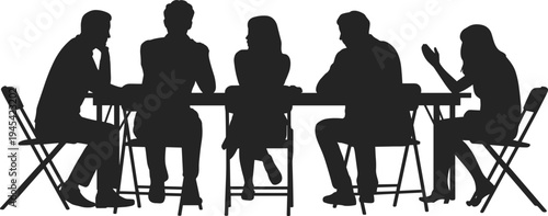 Silhouettes of diverse, everyday people, men, women, and children in various relaxed, sitting, and standing poses, interacting and thinking