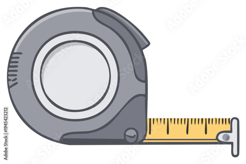 Cartoon gray measuring tape, construction or repair instrument, yellow ruler with measurement markings, toolkit