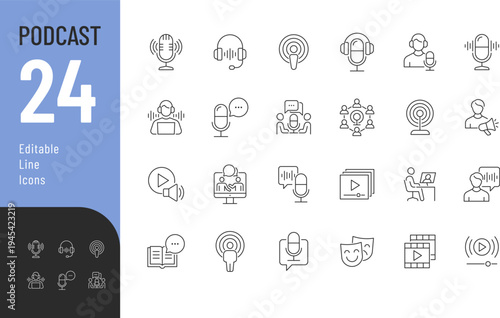 Podcast Line Editable Icons set. Vector illustration in modern thin style of media content related icons: broadcasting, host, streaming, and more. Isolated on transparent background.
