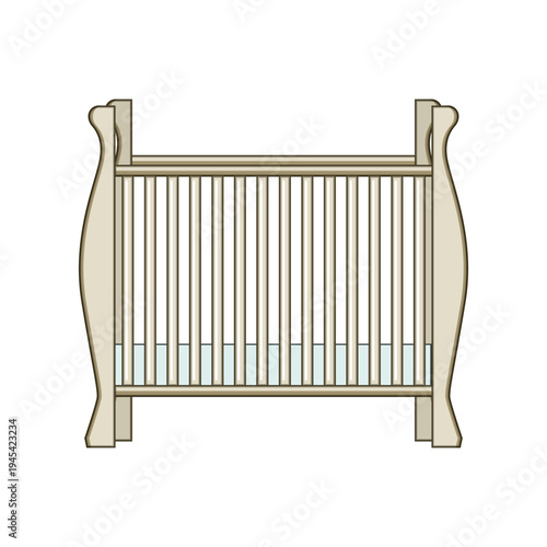 Wooden baby crib with slatted sides and light blue mattress, isolated on white, cozy nursery furniture symbolizing infant care, safety, and peaceful childhood sleep