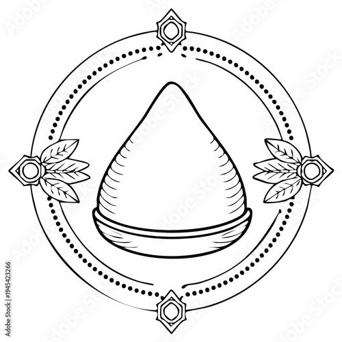 Traditional conical hat emblem with decorative elements and intricate circular border