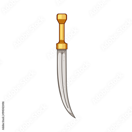 Dagger featuring a gleaming silver blade with a slight curve, an ornate golden hilt and pommel, representing concepts like weapon, ancient history, adventure, fantasy, danger, and battle