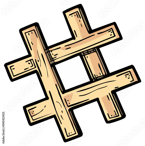 Cartoon Illustration of Wooden Hashtag Symbol