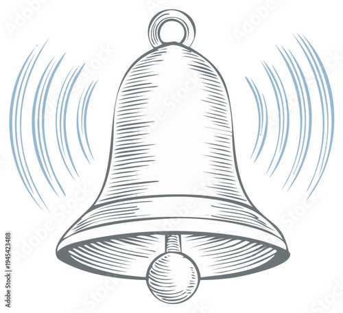 Engraved illustration of a ringing bell with sound waves and detailed lines