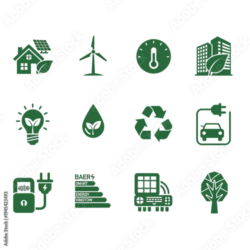 Green energy icons: house, wind turbine, thermometer, buildings, lightbulb, recycle, ev car, energy rating, eco friendly, renewable energy, solar power, electric car
