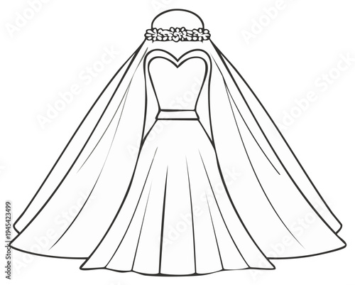 Outline illustration of a wedding dress with veil and floral headpiece