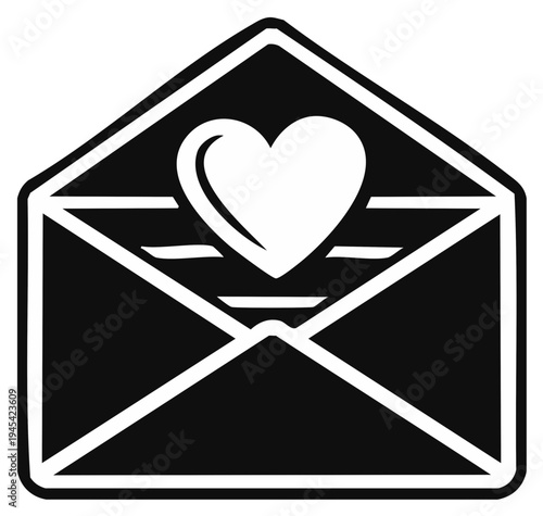 Black and White Open Envelope with White Heart Symbol and Lines, Love Letter Icon
