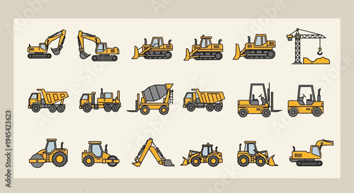 Collection of Various Heavy Construction Machinery.