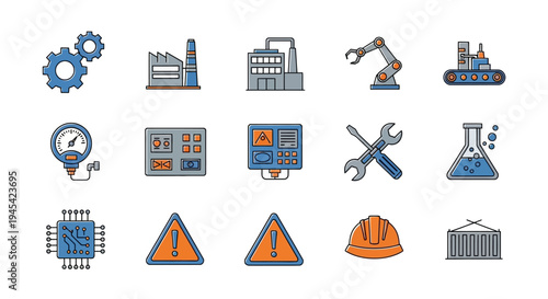 Industrial Icons Representing Manufacturing and Safety.