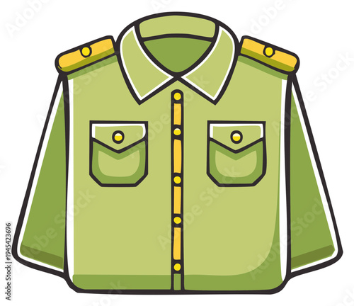 Cartoon Style Green Uniform Shirt with Epaulets Buttons and Chest Pockets Illustration