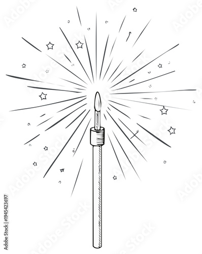 Hand-drawn sparkler with rays, stars, and dots celebrating holidays