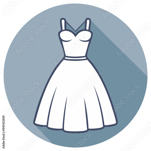 Illustrated dress icon in a blue circle, long shadow effect, simple stylish dress design