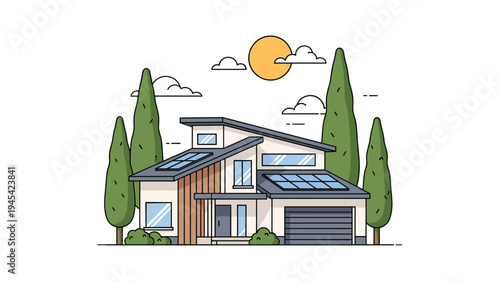 Sustainable modern house design featuring solar panels on the roof surrounded by cypress trees under a bright sun for eco-friendly residential living.