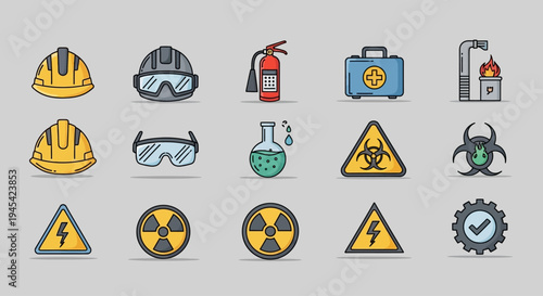 Safety Equipment and Warning Signs Icons Set.