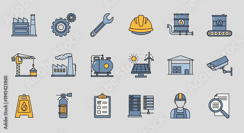 Industrial icons collection with various machinery parts.