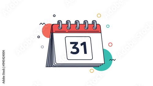 Desktop calendar icon showing the thirty-first day of the month with colorful geometric shapes in the background for schedule and event planning concept.