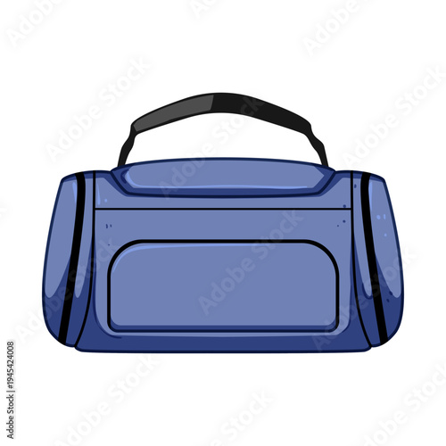 Blue duffel bag with single handle and exterior pocket, vector illustration on white background suggesting travel, gym, vacation, sport, and active lifestyle preparation