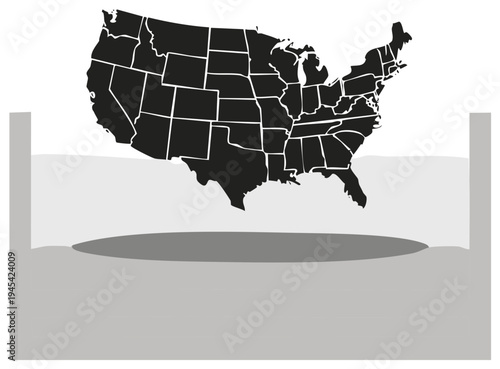 United States map shape submerged in water signifying economic or environmental crisis