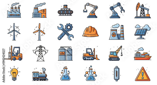 Collection of Industrial Machinery and Equipment Icons.