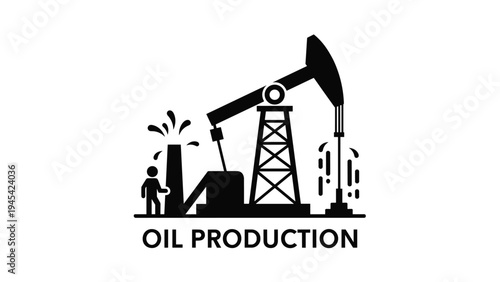 Industrial oil production site silhouette featuring a pumpjack extracting natural resources with a worker figure near a derrick for energy industry concepts.