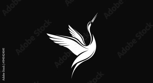 Elegant White Bird Silhouette with Upward Gaze and Spread Wings Against a Plain Black Background, Minimalist Design Concept
