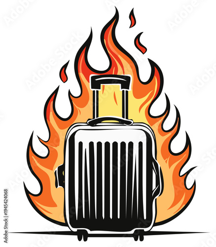 Suitcase on fire Illustration. Flaming luggage. Hot deal travel concept. Urgent travel.
