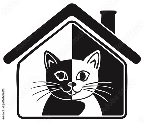 Black and white cat face inside a house. Pet animal shelter logo icon.