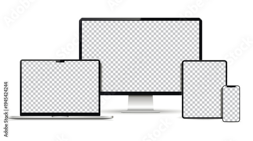 Empty screen computer, laptop, tablet, smartphone mockup. Set technology devices.