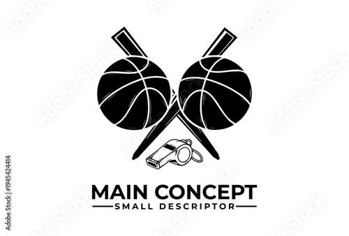 Graphic illustration of crossed basketball and baseball sports equipment with a megaphone on a white background, conveying a competitive march madness theme.