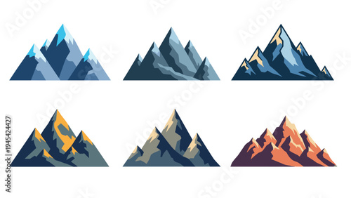 Series of six stylized mountain peaks with snow caps and different lighting effects ranging from cool blue to warm sunset tones for landscape design.