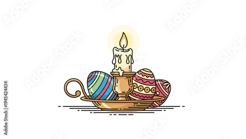 Decorated Easter eggs placed in an ornate golden candle holder with a lit candle symbolizing religious traditions and spring holiday celebrations at home.