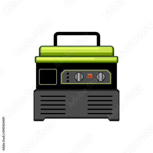 Portable power generator, black and green, providing electricity and backup energy for outdoor activities, emergency situations, or construction sites, isolated on white background