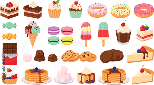 Dessert and Sweet Treats Collection with Cakes Donuts Ice Cream Macarons Cookies Pancakes and Candy Vector Set