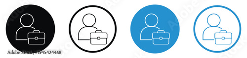 Minimalist outline icons of a person with a work bag. Perfect for HR portals, job search platforms, resume services, and corporate identity design in clean blue and black circles.