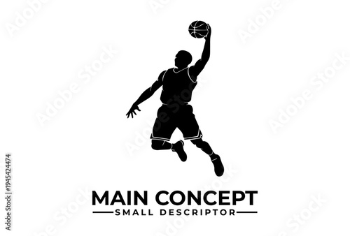A black silhouette of a basketball player in mid-air, jumping to dunk the ball during a competitive march madness game with a dynamic composition.