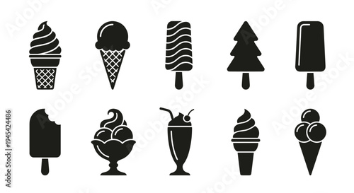 Ice Cream Icons Set Featuring Cones, Popsicles, Sundae, and More for Sweet Treat Illustrations