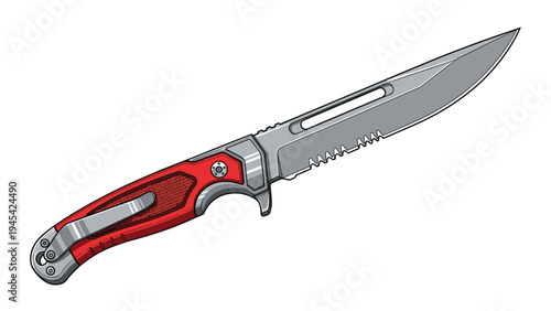 Professional tactical folding knife with a serrated blade edge and a textured red handle designed for outdoor survival, camping, and utility purposes.