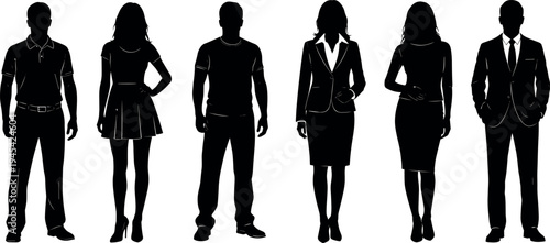 Silhouettes of diverse men and women in various outfits including casual wear business suits and formal professional clothing for corporate use