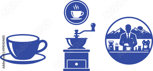 Coffee Icons Set Featuring Teacup, Coffee Grinder, and Barista Brewing Coffee in Scenic Mountain Cafe