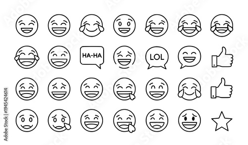 Laughing smile emoji outline icon set with happy faces and joyful expressions black and white vector