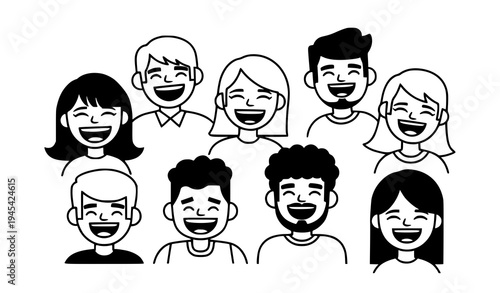 Laughing people characters expressing happiness joy and positive emotion black and white vector illustration